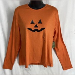 Mountain Lake Sequin Pumpkin Face Womens Top Size L